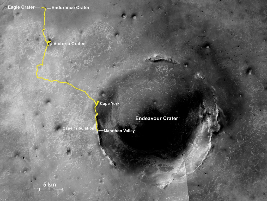 Trasa, jaką za swojego "życia" pokonał na powierzchni Marsa łazik Opportunity