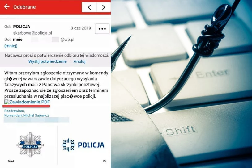 Po lewej treść fałszywego maila oszustów podszywających się pod policjantów (opublikowana przez Policja.pl)