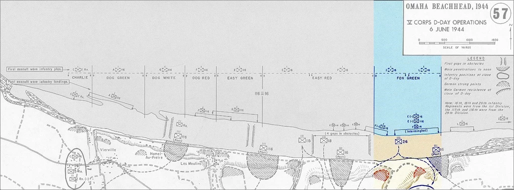 Na mapie zaznaczono sektor Fox Green, na którym lądowali żołnierze kompanii E i F z 16 pułku piechoty 1 Dywizji Piechoty. Stanowisko Severloha znajdowało sięna granicy sektora