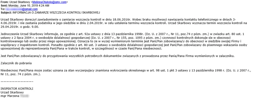 Fałszywa wiadomość z Urzędu Skarbowego Fałszywa wiadomość z Urzędu Skarbowego