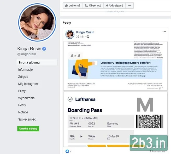 Kinga kartę pokładową zamieściła na Facebooku (Screen ze strony: www.2b3.in) Kinga kartę pokładową zamieściła na Facebooku (Screen ze strony: www.2b3.in)