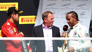 Wywiad ze zwycięzcami poprzedniego wyścigu, o Grand Prix Kanady - Sebastianem Vettelem (z lewej) i Lewisem Hamiltonem (z prawej).