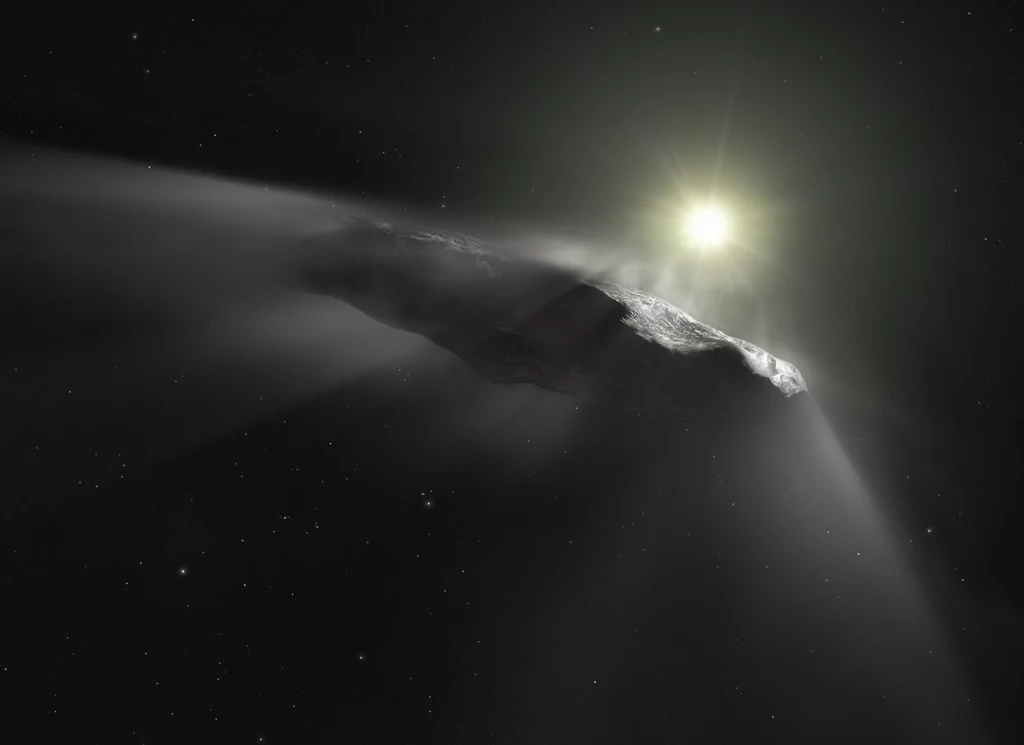 Wizja artystyczna obiektu ‘Oumuamua, który przyleciał do Układu Słonecznego z przestrzeni międzygwiazdowej (najprawdopodobniej z innego systemu planetarnego). Podobne pochodzenie może mieć kometa, która stanie się przedmiotem badań misji Comet Interceptor.