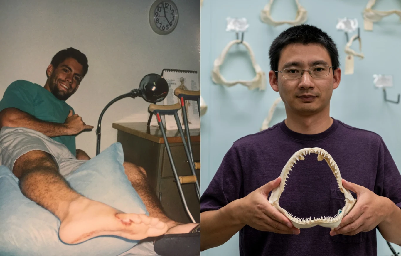 21-letni surfer w 1994 roku (z lewej) i Lei Yang, który zbadał DNA z zęba rekina