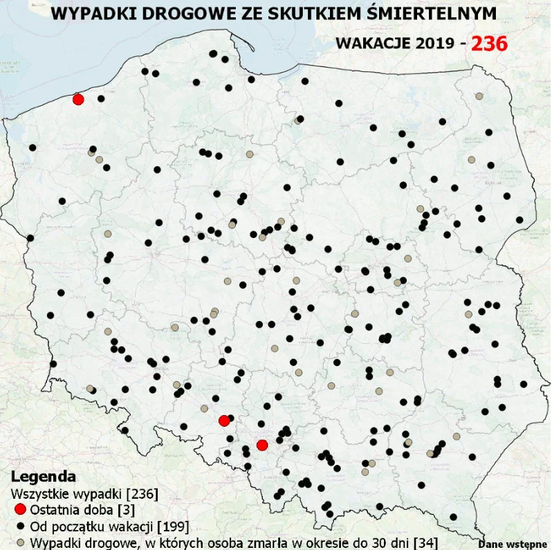 Mapa wypadków drogowych ze skutkiem śmiertelnym z ostatniej doby 