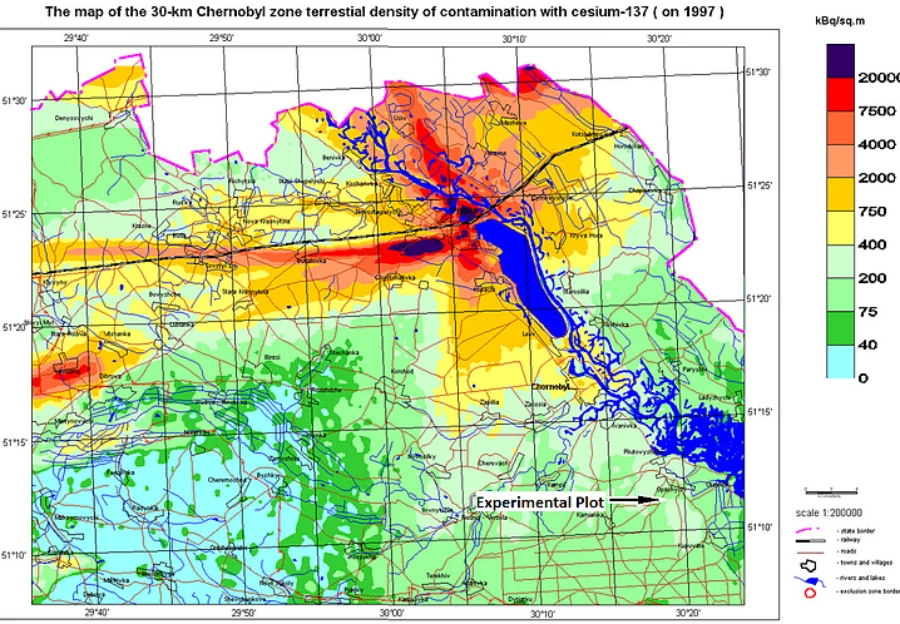 Mapa Czarnobyla, na której zaznaczono miejsce uprawy zboża, które wykorzystano do produkcji wódki Atomik