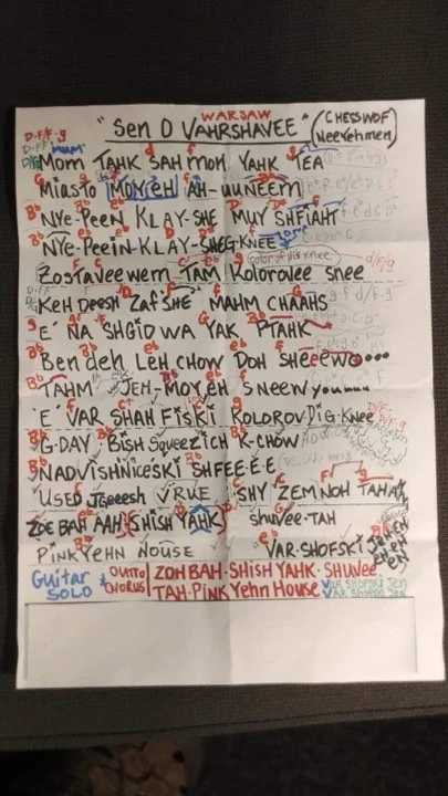 Fonetyczny zapis tekstu utworu "Sen o Warszawie" Czesława Niemena z koncertu grupy Metallica