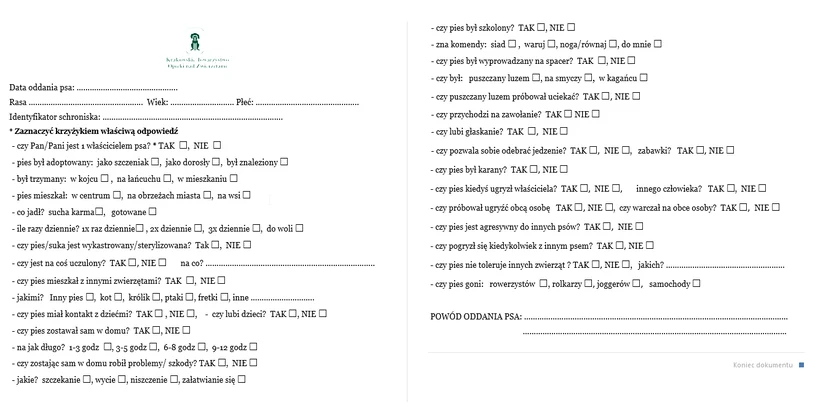 Ankieta do wypełnienia przy oddaniu psa