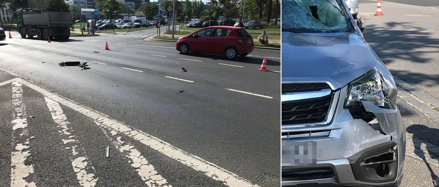 Miejsce wypadku i uszkodzony samochód