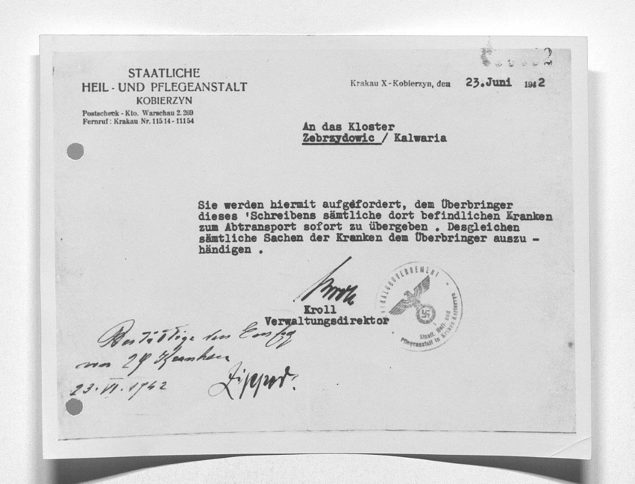 Podpisane przez Krolla polecenie wydania 30 chorych ze szpitala klasztoru oo. Bonifratrów w Zebrzydowicach. Fot. Państwowe Archiwum w Monachium STAANW 22641/17_18