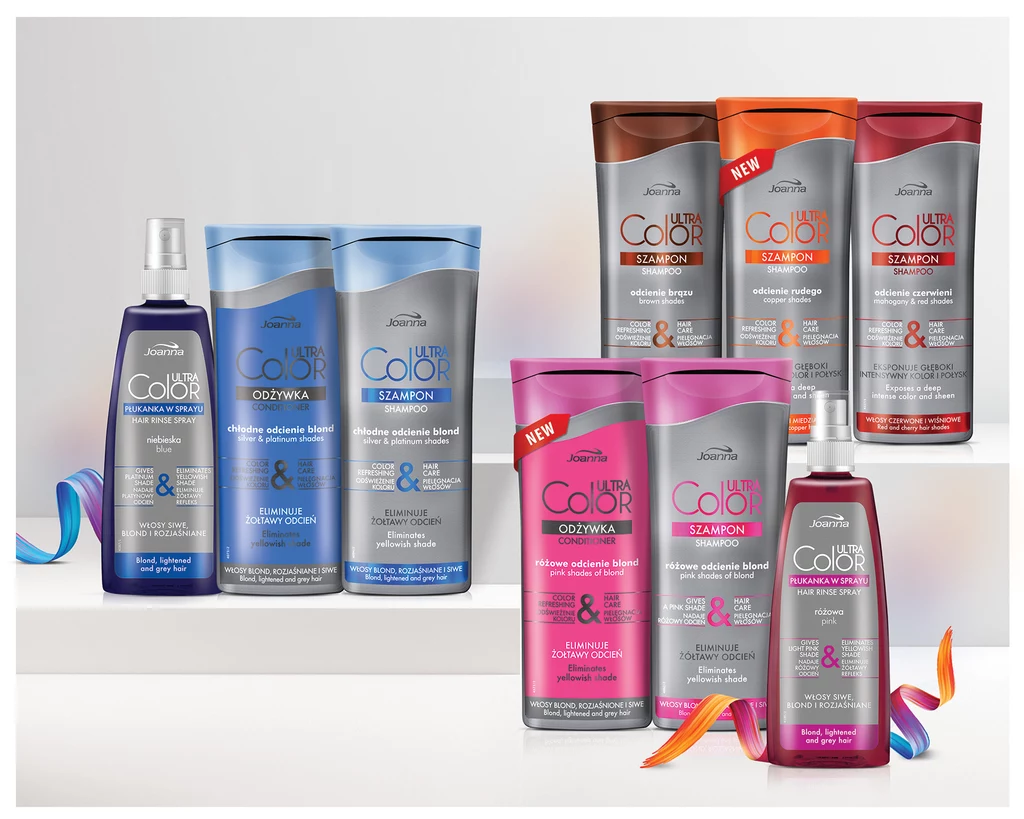 Kosmetyki Ultra Color marki Joanna przeznaczone do pielęgnacji włosów farbowanych oraz nadające odcień włosom naturalnym