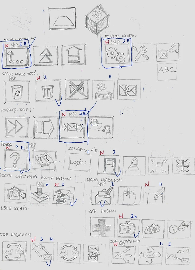 Projekty ikonek do pierwszej Poczty.fm sprzed 20 lat 