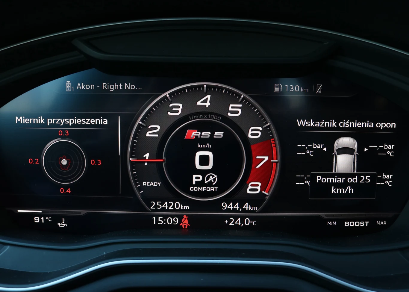 Przyspieszenie do 100 km/h trwa jedynie 3,9 s - to wynik jeszcze nie tak dawno zarezerwowany dla prawdziwych supersamochodów. Wskaźnik przeciążeń nie jest tu elementem dodanym na wyrost - RS5 potrafi naprawdę mocno wcisnąć w fotel. Prędkość maksymalna wynosi 250 km/h, ale za dopłatą możemy przesunąć limiter na 280 km/h.