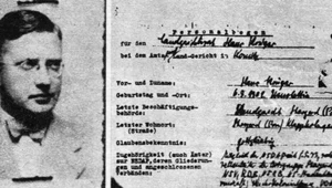 Po lewej - zdjęcie Hansa Krügera z 1939 r. Dołączono je do akt personalnych (po prawej) sporządzonych przez nadrzędną instancję władz hitlerowskich. Krüger był wówczas sędzią sądu specjalnego w Chojnicach, co wynika z dokumentu. Fot. Tadeusz Galec, Archiwum historiachojnic. com 
