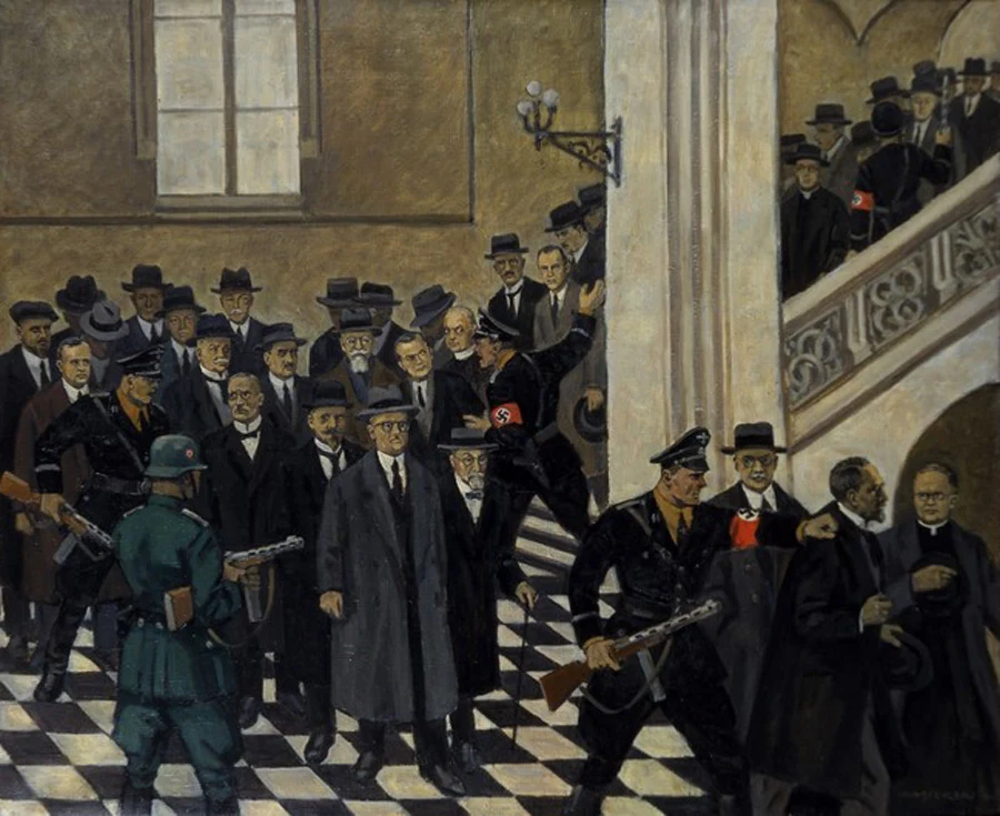 Obraz Mieczysława Wątorskiego przedstawiający wydarzenia z 6 listopada 1939 roku (z zasobów Uniwersytetu Jagiellońskiego)