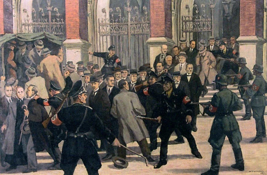 Obraz Mieczysława Wątorskiego przedstawiający wydarzenia z 6 listopada 1939 roku (z zasobów Uniwersytetu Jagiellońskiego)