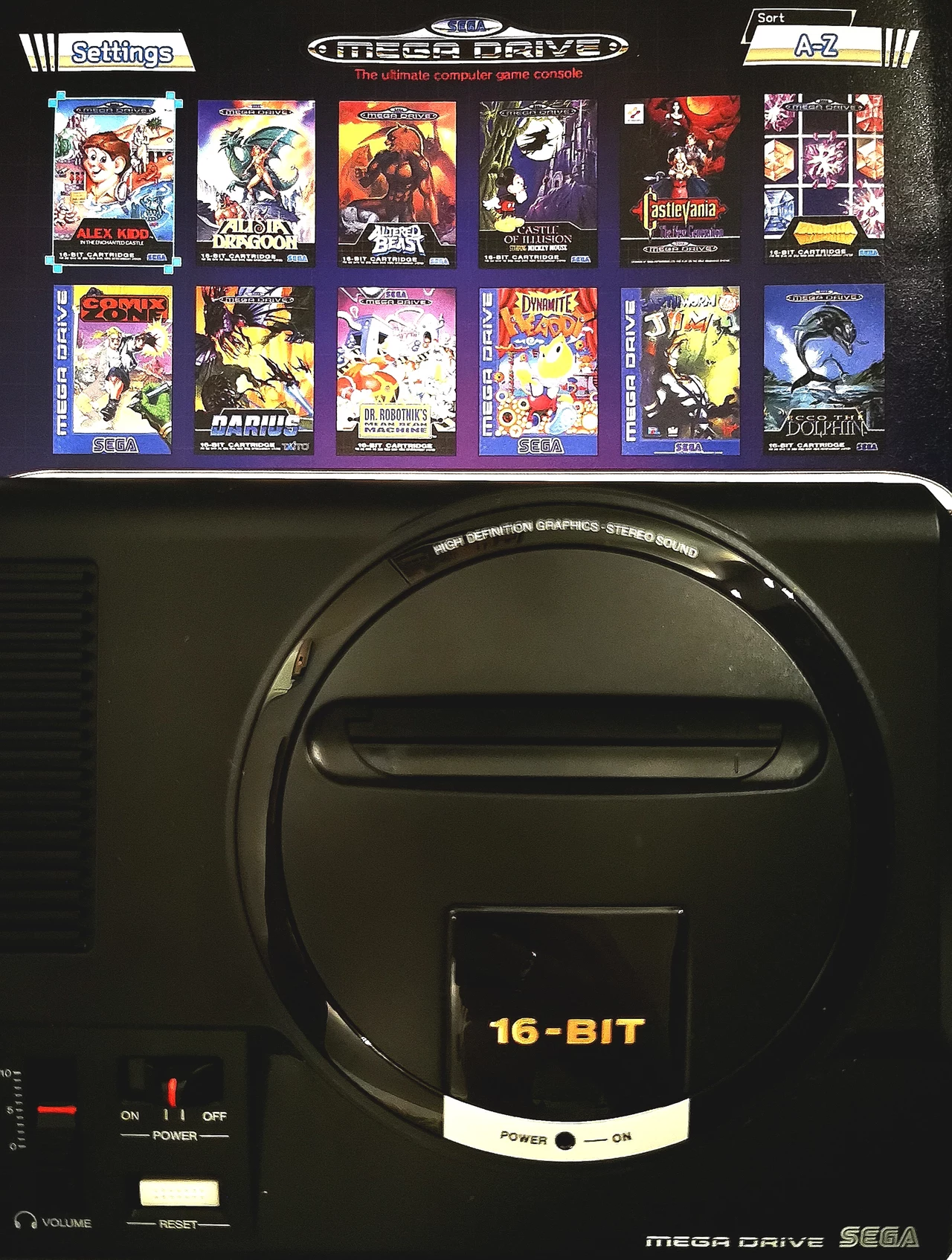 Gry znajdujące się na konsoli to: Sonic The Hedgehog, Ecco the Dolphin, Castlevania: The New Generation, Space Harrier 2, Shining Force, Dr. Robotnik's Mean Bean Machine, ToeJam & Earl, Comix Zone, Altered Beast, Gunstar Heroes, Castle of Illusion Starring Mickey Mouse, World of Illusion Starring Mickey Mouse and Donald Duck, Thunder Force III, Super Fantasy Zone, Shinobi III, Streets of Rage 2, Earthworm Jim, Sonic The Hedgehog 2, Probotector, Landstalker. Mega Man: The Wily Wars, Street Fighter II: Special Champion Edition, Ghouls ‘n Ghosts, Alex Kidd in the Enchanted Castle, Story of Thor, Golden Axe, Phantasy Star IV: The End of the Millennium, Sonic The Hedgehog Spinball, Vectorman, Wonder Boy in Monster World, Tetris, Darius, Road Rash II, Strider, Virtua Fighter 2, Alisia Dragoon, Kid Chameleon, Monster World IV, Eternal Champions, Columns, Dynamite Headdy, Light Crusader. Gry znajdujące się na konsoli to: Sonic The Hedgehog, Ecco the Dolphin, Castlevania: The New Generation, Space Harrier 2, Shining Force, Dr. Robotnik's Mean Bean Machine, ToeJam & Earl, Comix Zone, Altered Beast, Gunstar Heroes, Castle of Illusion Starring Mickey Mouse, World of Illusion Starring Mickey Mouse and Donald Duck, Thunder Force III, Super Fantasy Zone, Shinobi III, Streets of Rage 2, Earthworm Jim, Sonic The Hedgehog 2, Probotector, Landstalker. Mega Man: The Wily Wars, Street Fighter II: Special Champion Edition, Ghouls ‘n Ghosts, Alex Kidd in the Enchanted Castle, Story of Thor, Golden Axe, Phantasy Star IV: The End of the Millennium, Sonic The Hedgehog Spinball, Vectorman, Wonder Boy in Monster World, Tetris, Darius, Road Rash II, Strider, Virtua Fighter 2, Alisia Dragoon, Kid Chameleon, Monster World IV, Eternal Champions, Columns, Dynamite Headdy, Light Crusader.