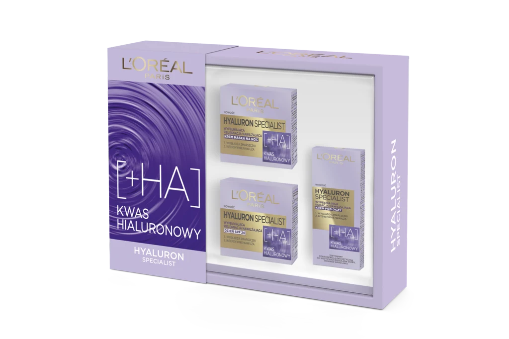 Hyaluron Specialist 2 (Hyaluron Specialist krem na dzień 50 ml; Hyaluron Specialist krem na noc 50 ml; Hyaluron Specialist krem pod oczy 15 ml) - dla kobiet po 25. roku życia, poszukujących w produktach do pielęgnacji twarzy: najwyższej skuteczności, innowacyjnych rozwiązań i długotrwałych rezultatów. Linia L’Oréal Paris Hyaluron Specialist zawiera dwa rodzaje kwasu hialuronowego o wysokim stężeniu, których działanie doskonale się uzupełnia. Wielkocząsteczkowy kwas hialuronowy nawilża i wygładza powierzchnię skóry, a fragmentaryzowany kwas hialuronowy przywraca skórze sprężystość i długotrwałe nawilżenie. Cena: 59,99 zł. Hyaluron Specialist 2 (Hyaluron Specialist krem na dzień 50 ml; Hyaluron Specialist krem na noc 50 ml; Hyaluron Specialist krem pod oczy 15 ml) - dla kobiet po 25. roku życia, poszukujących w produktach do pielęgnacji twarzy: najwyższej skuteczności, innowacyjnych rozwiązań i długotrwałych rezultatów. Linia L’Oréal Paris Hyaluron Specialist zawiera dwa rodzaje kwasu hialuronowego o wysokim stężeniu, których działanie doskonale się uzupełnia. Wielkocząsteczkowy kwas hialuronowy nawilża i wygładza powierzchnię skóry, a fragmentaryzowany kwas hialuronowy przywraca skórze sprężystość i długotrwałe nawilżenie. Cena: 59,99 zł.