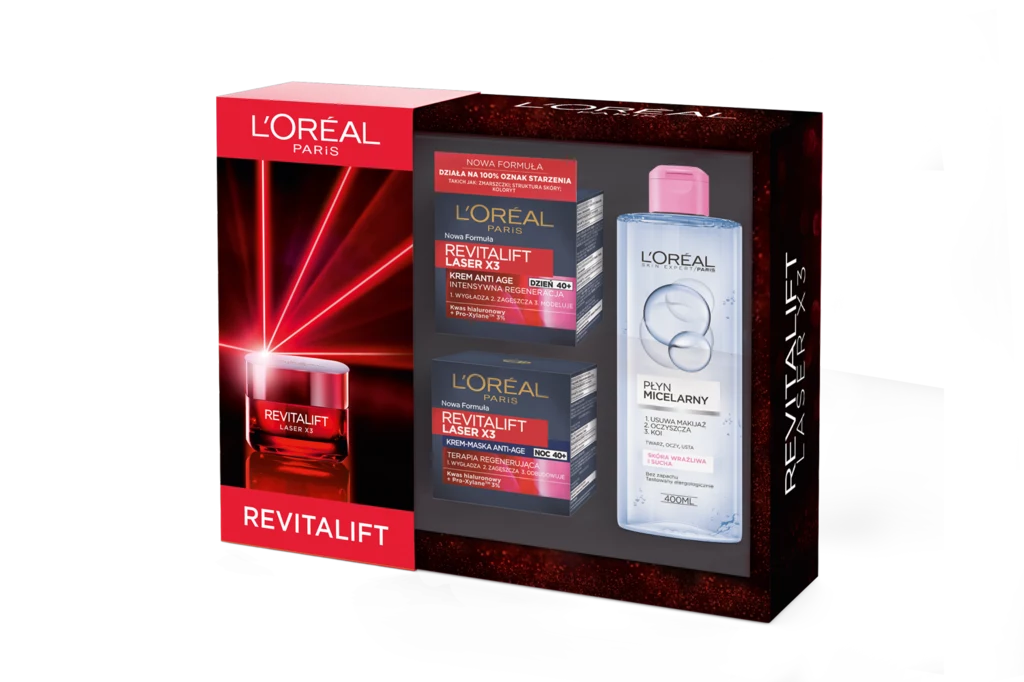 Revitalift Laser (Revitalift Laser krem na dzień 50 ml; Revitalift Laser krem na noc 50 ml; Płyn Micelarny skóra wrażliwa 400 ml) - czerwony limitowany zestaw L’Oréal Paris to idealny pomysł na magiczny świąteczny prezent dla kobiet po 40. roku życia, poszukujących w produktach do pielęgnacji twarzy najwyższej skuteczności, innowacyjnych rozwiązań oraz natychmiastowych rezultatów. Kremy perfekcyjnie korygują zmarszczki oraz pomagają wygładzić skórę i przywrócić jej gęstość, ograniczyć oznaki jej starzenia. Dodatkowo Płyn Micelarny do skóry wrażliwej koi skórę i zapobiega podrażnieniom. Skóra staje się miękka, odświeżona i odzyskuje poczucie komfortu. Cena: 72,99 zł. Revitalift Laser (Revitalift Laser krem na dzień 50 ml; Revitalift Laser krem na noc 50 ml; Płyn Micelarny skóra wrażliwa 400 ml) - czerwony limitowany zestaw L’Oréal Paris to idealny pomysł na magiczny świąteczny prezent dla kobiet po 40. roku życia, poszukujących w produktach do pielęgnacji twarzy najwyższej skuteczności, innowacyjnych rozwiązań oraz natychmiastowych rezultatów. Kremy perfekcyjnie korygują zmarszczki oraz pomagają wygładzić skórę i przywrócić jej gęstość, ograniczyć oznaki jej starzenia. Dodatkowo Płyn Micelarny do skóry wrażliwej koi skórę i zapobiega podrażnieniom. Skóra staje się miękka, odświeżona i odzyskuje poczucie komfortu. Cena: 72,99 zł.