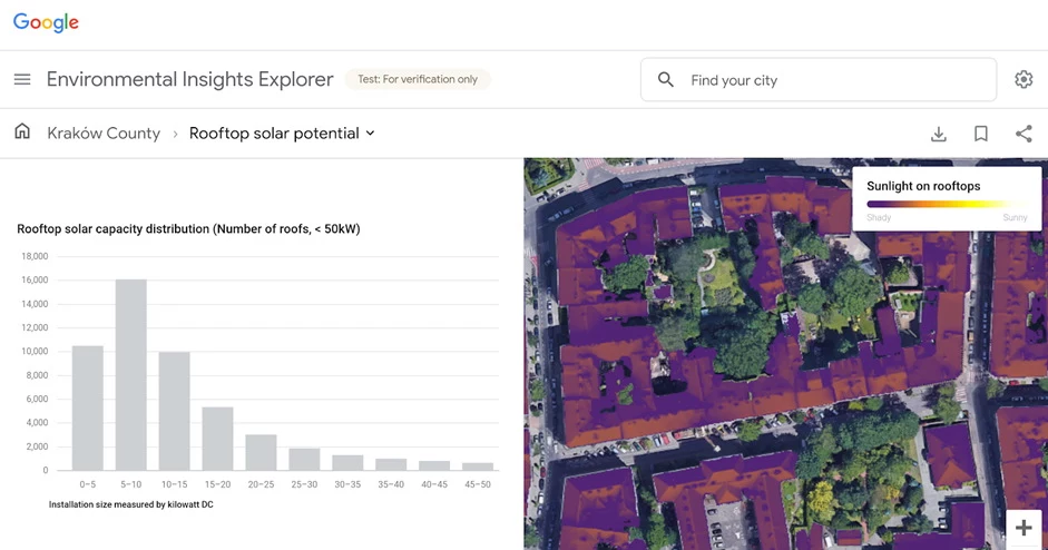 Google Environmental Insights Explorer Google mierzy potencjał wykorzystania energii słonecznej, dając miastom szacunkowe dane dotyczące możliwości ograniczenia emisji, poprzez wykorzystanie energii odnawialnej na budynkach.