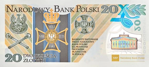 Odwrotna strona banknotu (rewers) z wizerunkiem Krzyża Wielkiego Orderu Virtuti Militari Odwrotna strona banknotu (rewers) z wizerunkiem Krzyża Wielkiego Orderu Virtuti Militari