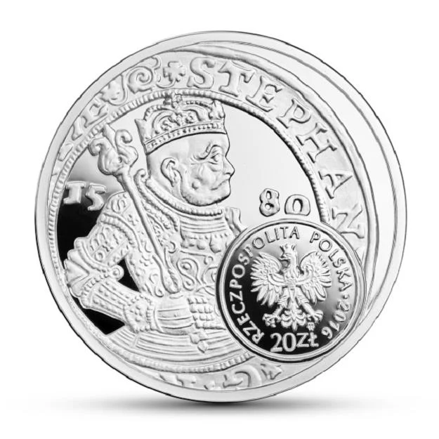 Historia Monety Polskiej - szeląg, talar Stefana Batorego, 20 zł, rewers