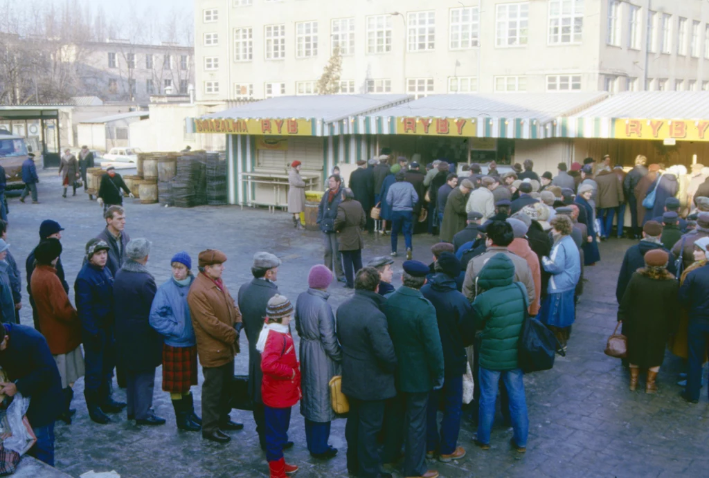 Kolejka do stoiska rybnego, Warszawa, grudzień 1986