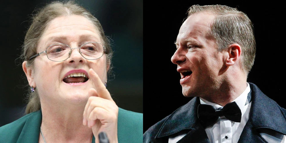 Maciej Stuhr (P) ma sporo zastrzeżeń do Krystyny Pawłowicz (L)