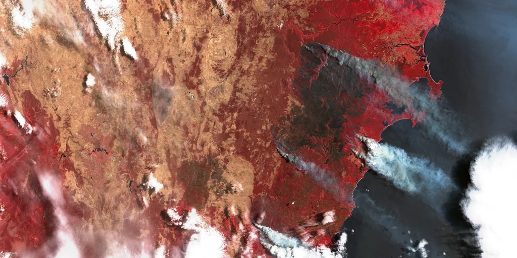 Pożary w regionie położonym ok 100 km na południe od Sydney - (sztuczne kolory) - satelita Sentinel-2 / Credits - Komisja Europejska, Copernicus, Sentinel Hub