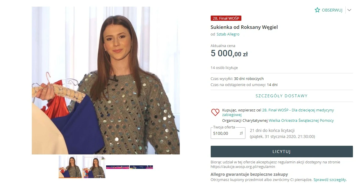 Sukienka Roksany Węgiel przekazana na licytację z okazji Wielkiej Orkiestry Świątecznej Pomocy 