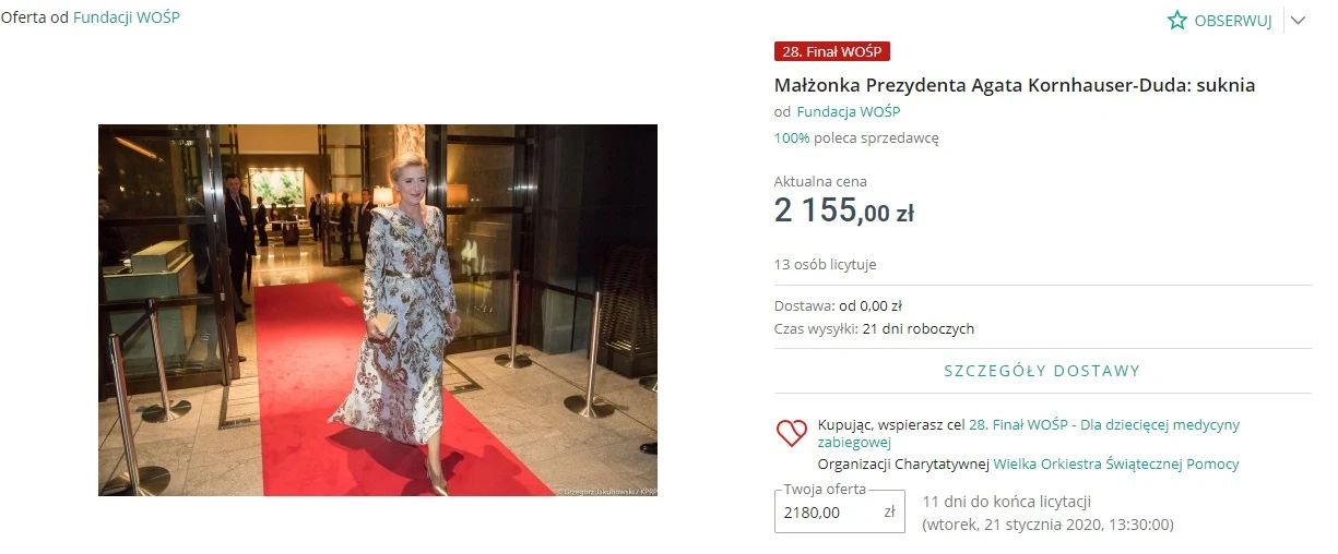Sukienka Agaty Dudy przekazana na Wielką Orkiestrę Świątecznej Pomocy 