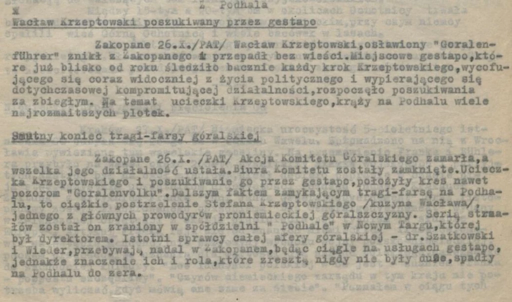 Fragment depeszy Małopolskiej Agencji Prasowej dotyczące działań na Podhalu