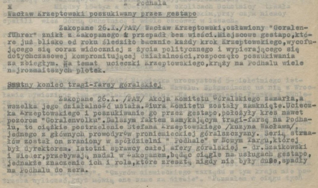 Fragment depeszy Małopolskiej Agencji Prasowej dotyczące działań na Podhalu Fragment depeszy Małopolskiej Agencji Prasowej dotyczące działań na Podhalu