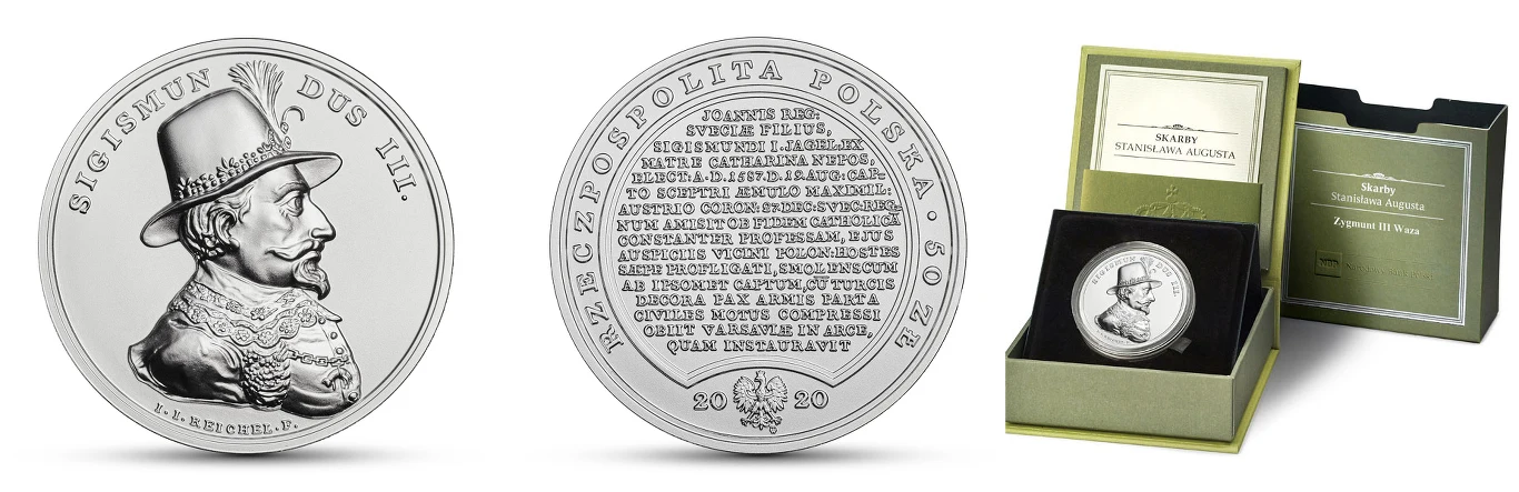 Skarby Stanisława Augusta – Zygmunt III Waza, 50 zł, rewers (L), awers (C), opakowanie (P)