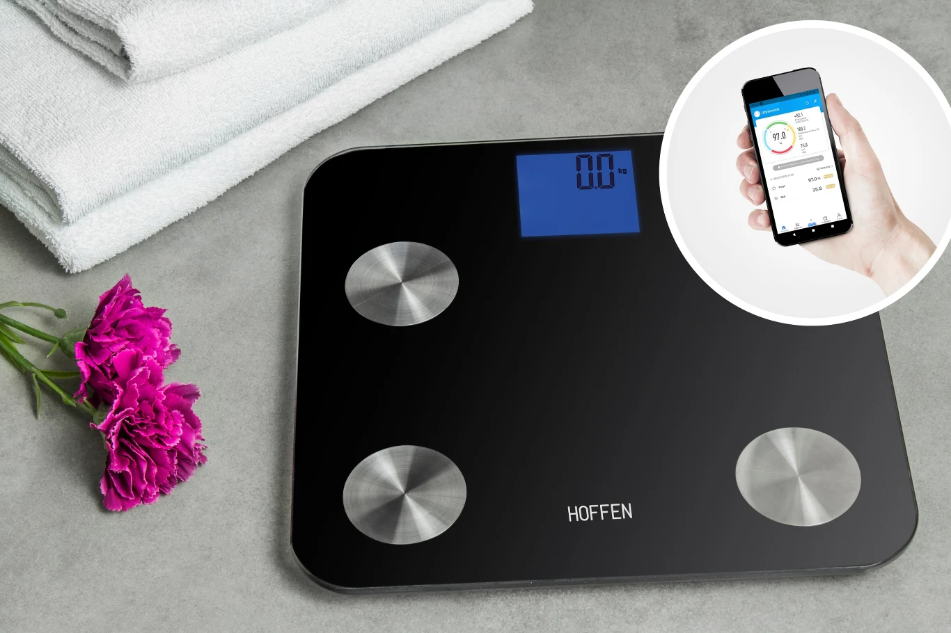 Waga łazienkowa marki Hoffen paruje się ze smartfonem
