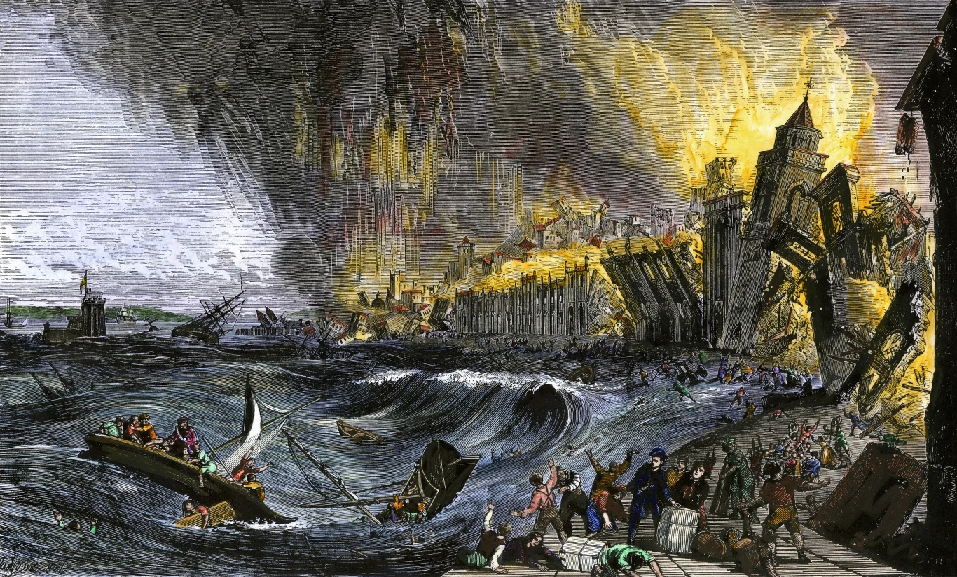 Ilustracja przedstawiająca tsunami nawiedzające Lizbonę. W 1755 roku fale zabrały tam 60 tysięcy ofiar Ilustracja przedstawiająca tsunami nawiedzające Lizbonę. W 1755 roku fale zabrały tam 60 tysięcy ofiar
