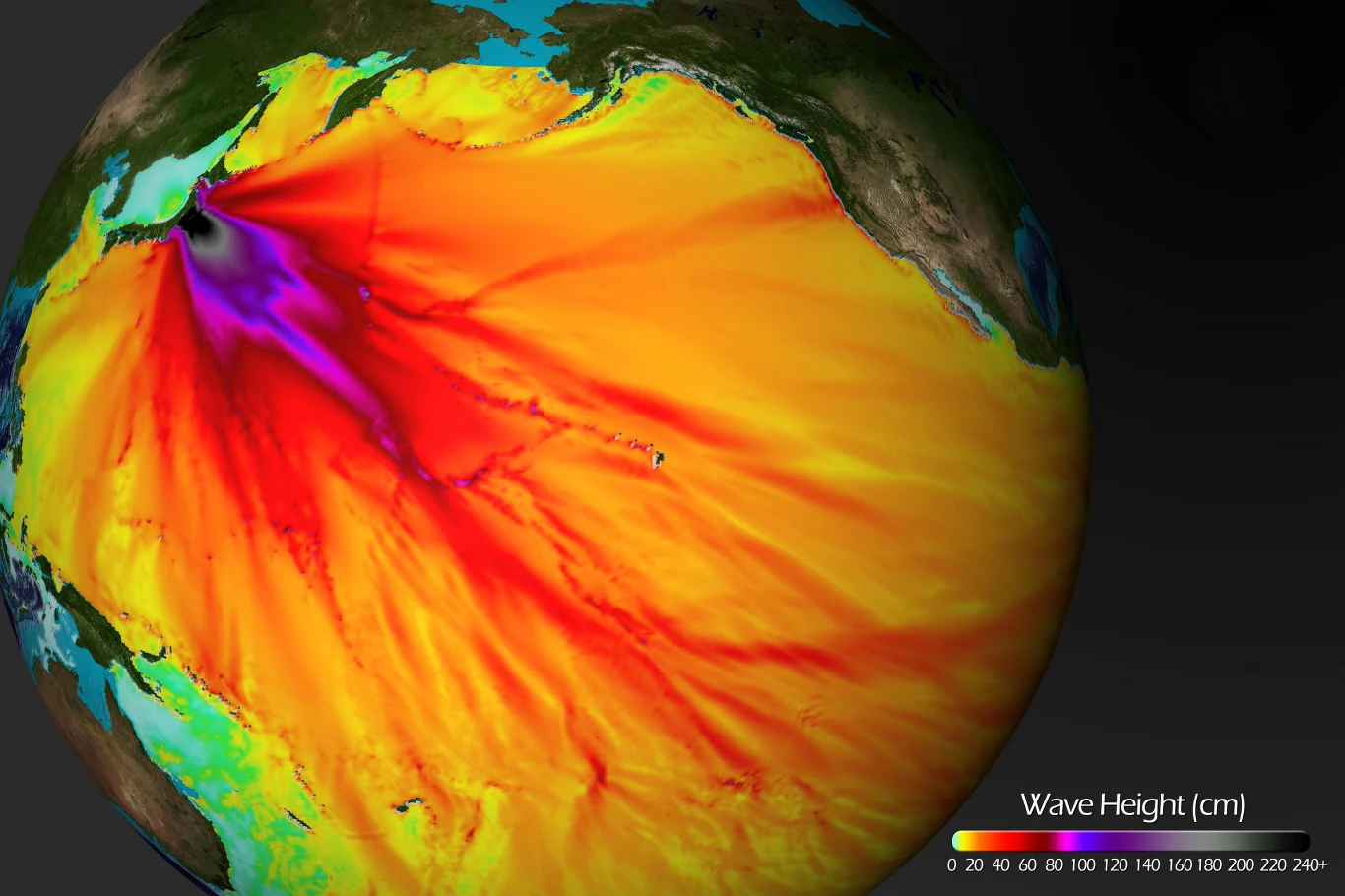 Marzec 2011. Mapa z radaru ukazująca wysokość fal tsunami po trzęsieniu ziemi w Japonii Marzec 2011. Mapa z radaru ukazująca wysokość fal tsunami po trzęsieniu ziemi w Japonii