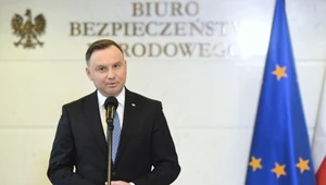 Prezydent Andrzej Duda podczas konferencji prasowej po spotkaniu w Biurze Bezpieczeństwa Narodowego