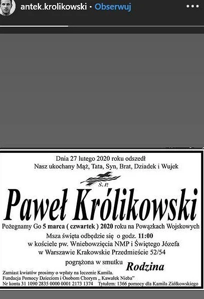 Antek Królikowski zamieścił nekrolog na swoim InstaStories Antek Królikowski zamieścił nekrolog na swoim InstaStories