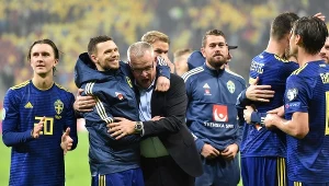 Janne Andersson świętuje z piłkarzami awans na Euro 2020