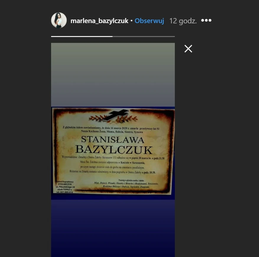 Nekrolog zamieszczony przez Marlenę (Screen: InstaStories)