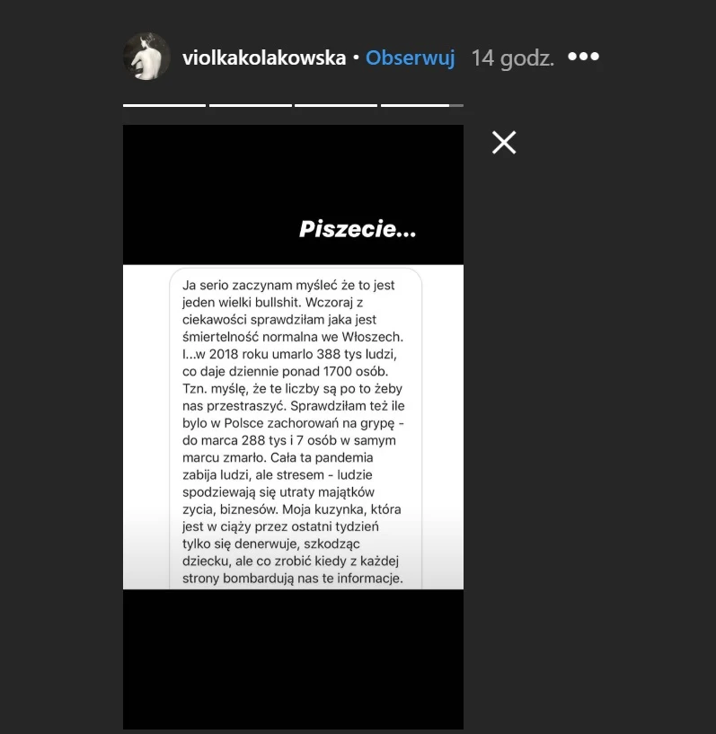 Spiskowe teorie na InstaStories Violi Kołakowskiej