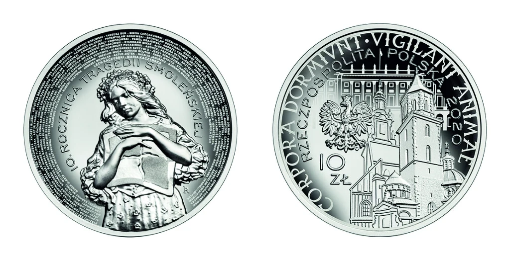 Moneta kolekcjonerska NBP - 10. rocznica tragedii smoleńskiej, 10 zł, rewers (L) i awers (P)