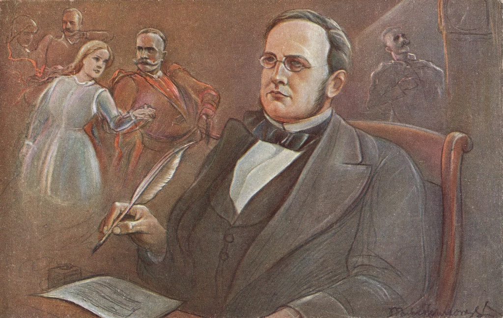 Grafika przedstawiająca Stanisława Moniuszkę podczas pracy