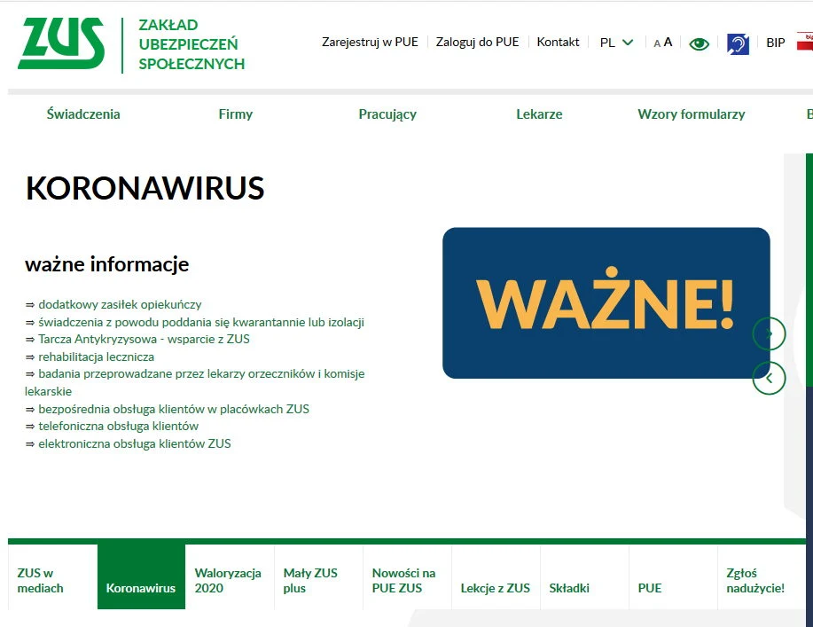 Strona internetowa ZUS-u nie działa tak, jak powinna. Powodem jest duże zainteresowanie wnioskami w ramach Tarczy Antykryzysowej Strona internetowa ZUS-u nie działa tak, jak powinna. Powodem jest duże zainteresowanie wnioskami w ramach Tarczy Antykryzysowej