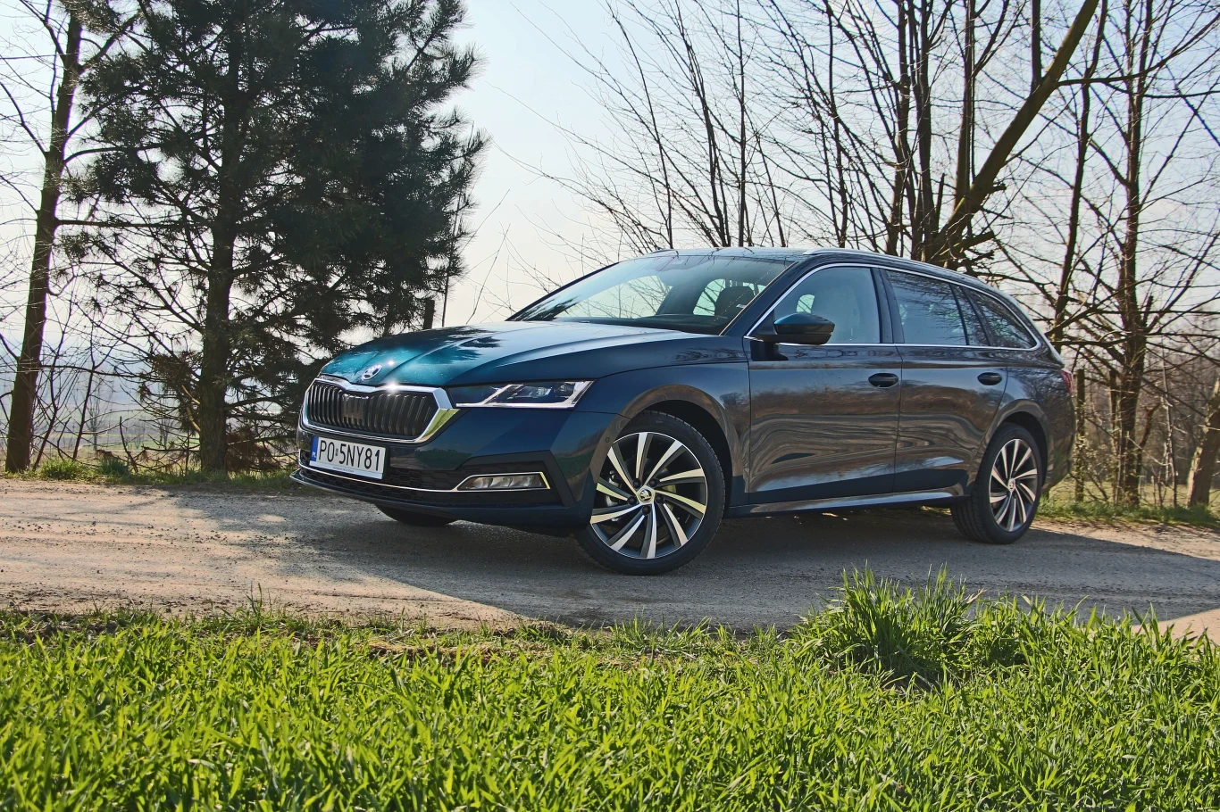 Chromy, LEDy, dwukolorowe alufelgi i ciekawy lakier - niby niebieskawy, a jakby ciemnozielonkawy. Nowa Octavia może się podobać.