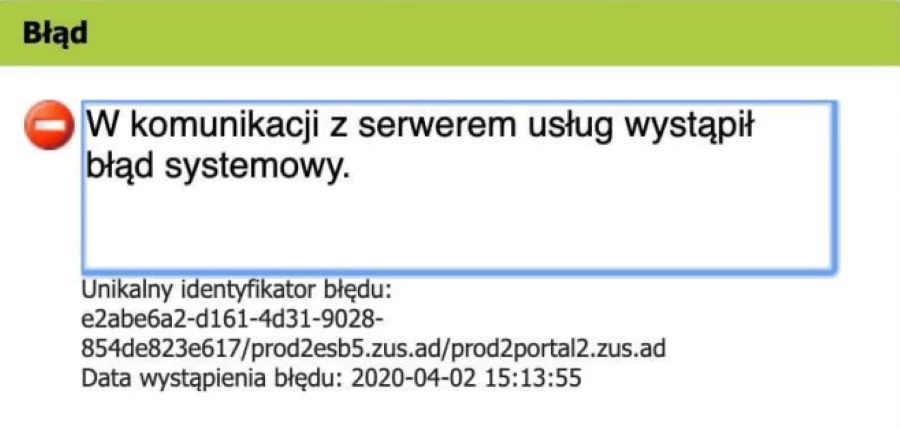 Jeden z błędów pojawiających się po nieudanej próbie skorzystania ze strony Zus.pl