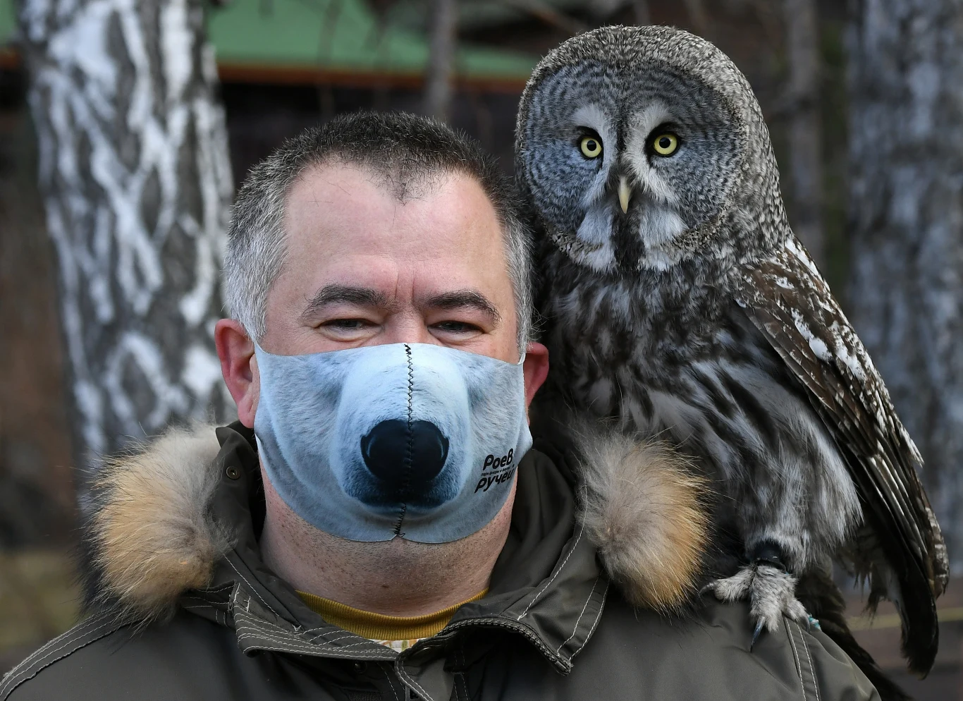 Pracownicy Royev Ruchey Zoo w syberyjskim mieście Krasnojarsk (Rosja) noszą kreatywne maseczki ze zwierzętami. Na zdjęciu dyrektor pozuje do zdjęcia z sową o imieniu Mykh. Pracownicy Royev Ruchey Zoo w syberyjskim mieście Krasnojarsk (Rosja) noszą kreatywne maseczki ze zwierzętami. Na zdjęciu dyrektor pozuje do zdjęcia z sową o imieniu Mykh.