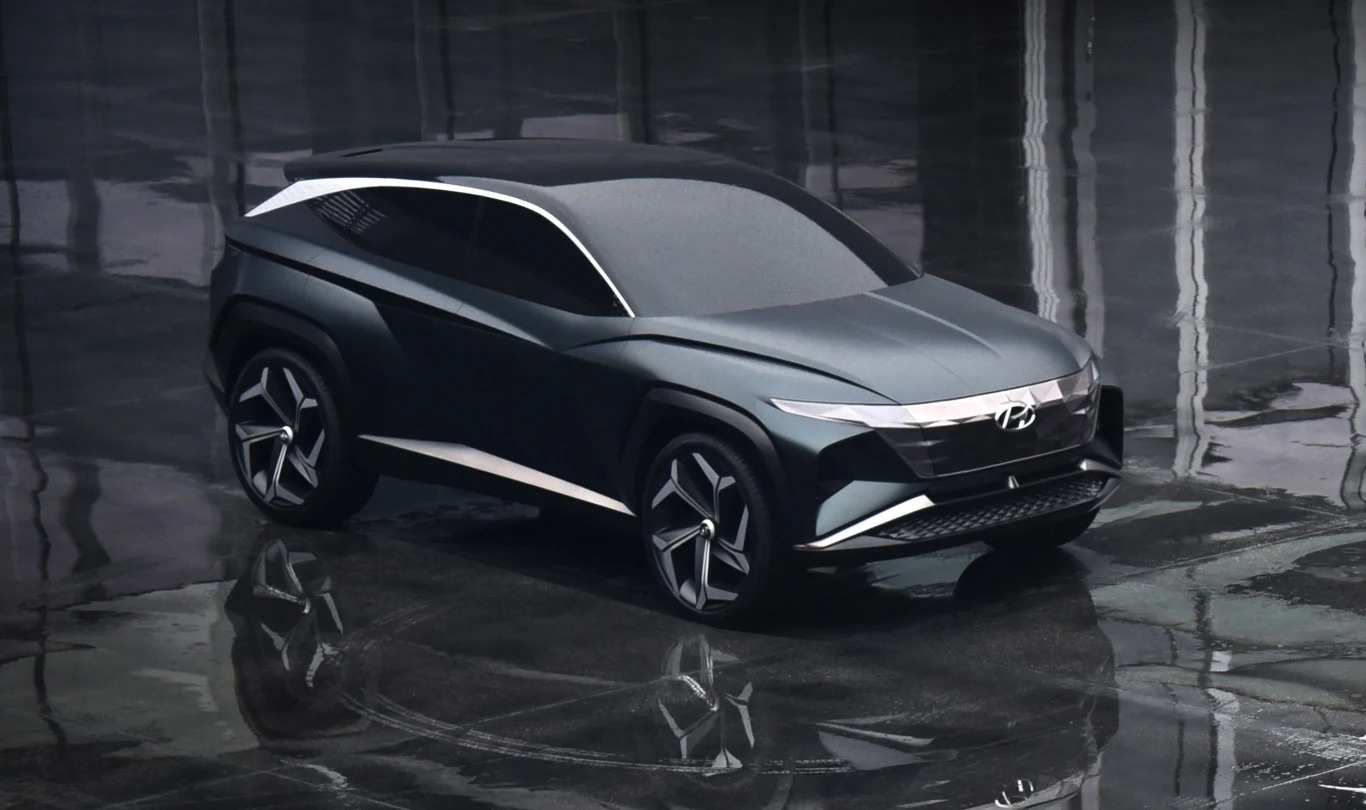 Podczas zeszłorocznej imprezy AutoMobility LA Hyundai zaprezentował koncept hybrydowego SUV-a o nazwie Vision T. Ten dynamiczny model oddaje wizję nowego kierunku projektowania samochodów Hyundai typu SUV. Profil boczny Vision T sprawia wrażenie ciągłego ruchu do przodu. Długa maska oraz opadająca linia dachu w połączeniu z dużym rozstawem osi oraz krótkimi zwisami oddają charakter samochodu gotowego na każde wyzwanie. W przeciwieństwie do obecnych na rynku kompaktowych SUV-ów, Vision T zaprojektowano z zastosowaniem wielu kątów ostrych i krawędzi, w celu stworzenia wyraźnego kontrastu pomiędzy eleganckimi liniami, a atletyczną sylwetką klina. 