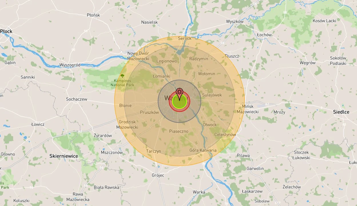Gdyby bomba Mark 17 wybuchła nad centrum Warszawy, całkowitemu zniszczeniu uległoby ponad 90 km kw. powierzchni miasta